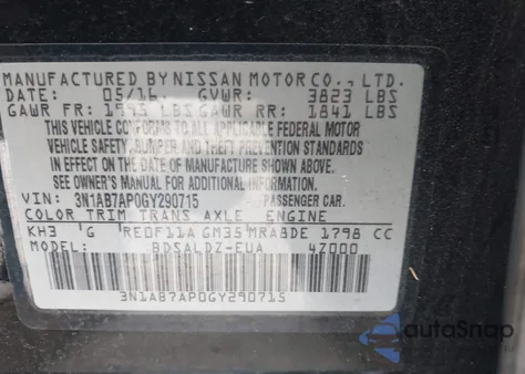2016 Nissan Sentra Sv z USA, uszkodzony, nr VIN 3N1AB7AP0GY290715
